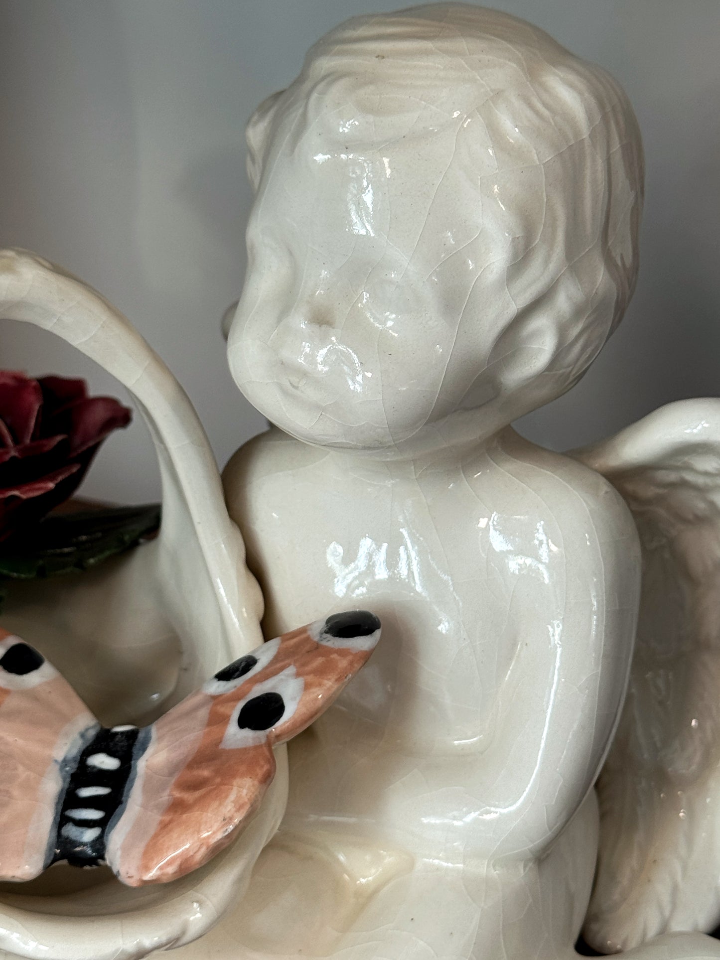 Vintage Ceramic Cherub Figurine with Basket & Rose