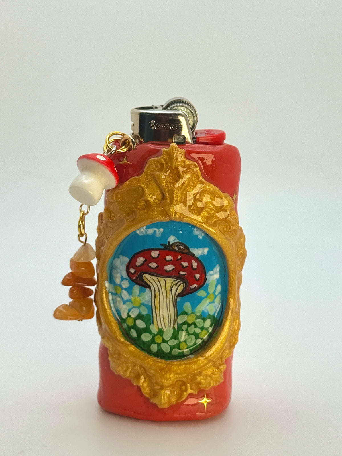 Vintage Frame Snail On A Mushroom Case with charm| Fits Standard Bic | Handmade Polymer Clay Art