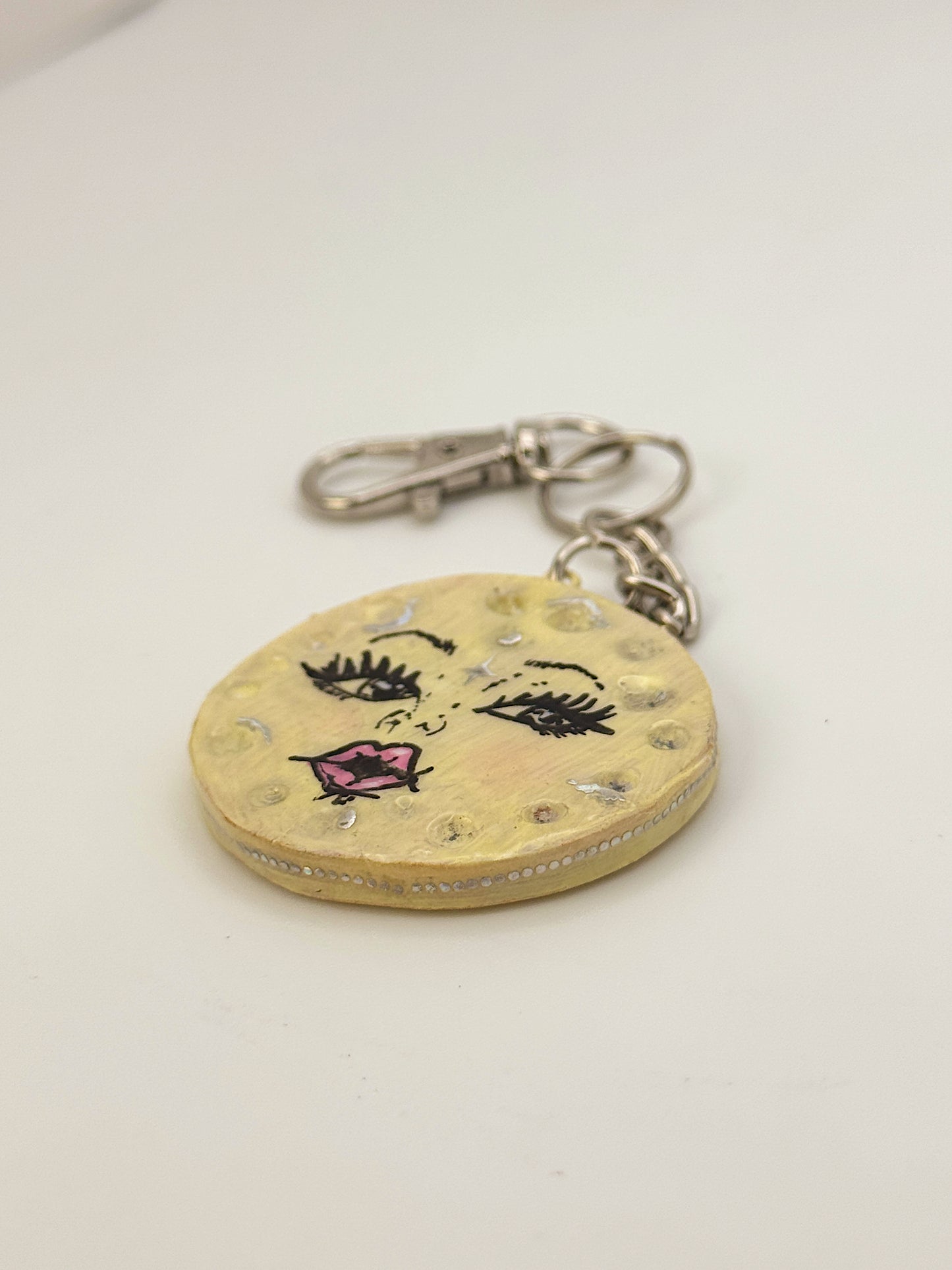 Handmade Light Moon Face Keychain – 1.5–2” – Polymer Clay Celestial Charm