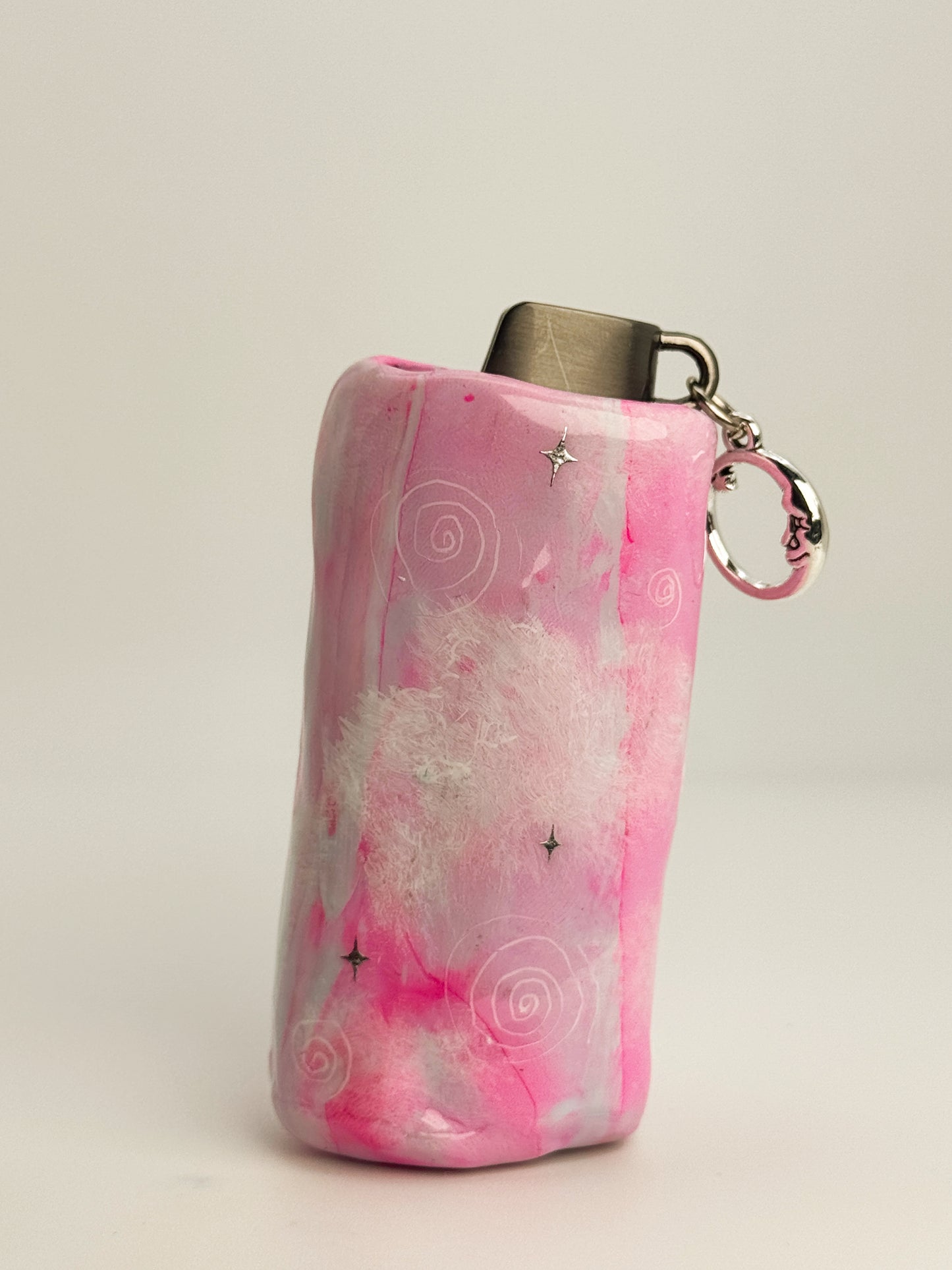 Smoking Moon Lighter Case w/ Charm | Fits Standard Bic | Handmade Polymer Clay Art
