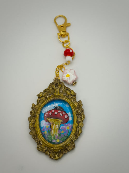 Vintage Frame Snail on Mushroom Keychain – Handmade Polymer Clay Bag Charm