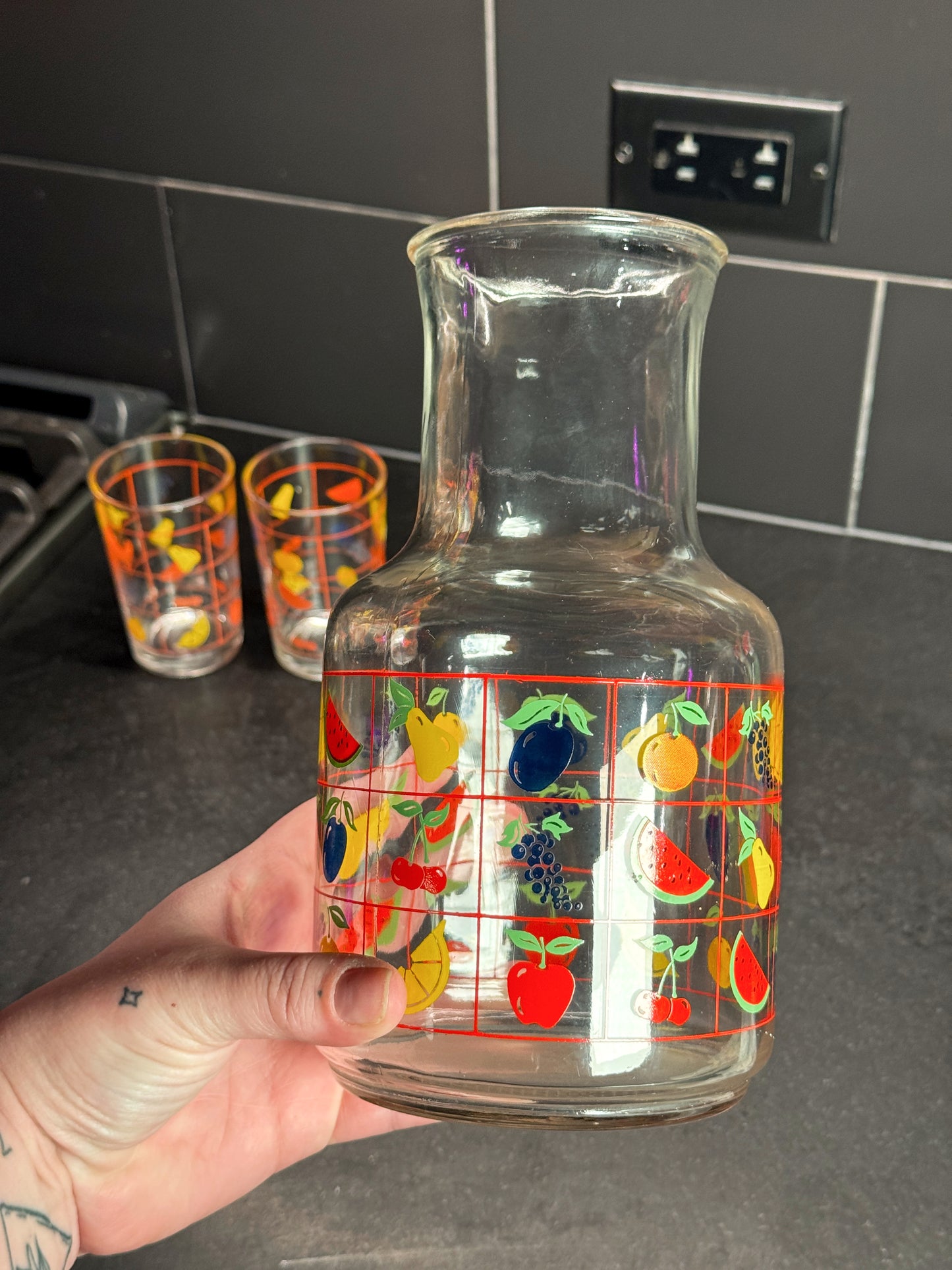 Vintage Fruit Glass Pitcher & Juice Glass Set – Retro Kitchen (3 Pieces)