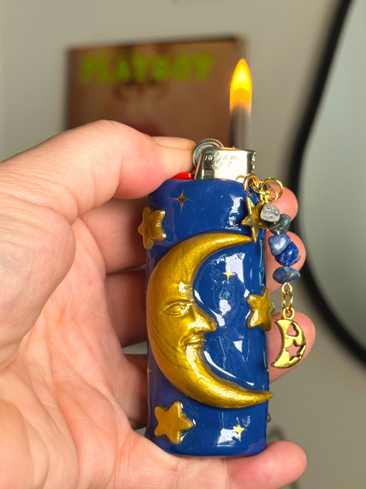 90s Celestial Gold Decor Lighter Case with charm| Fits Standard Bic | Handmade Polymer Clay Art