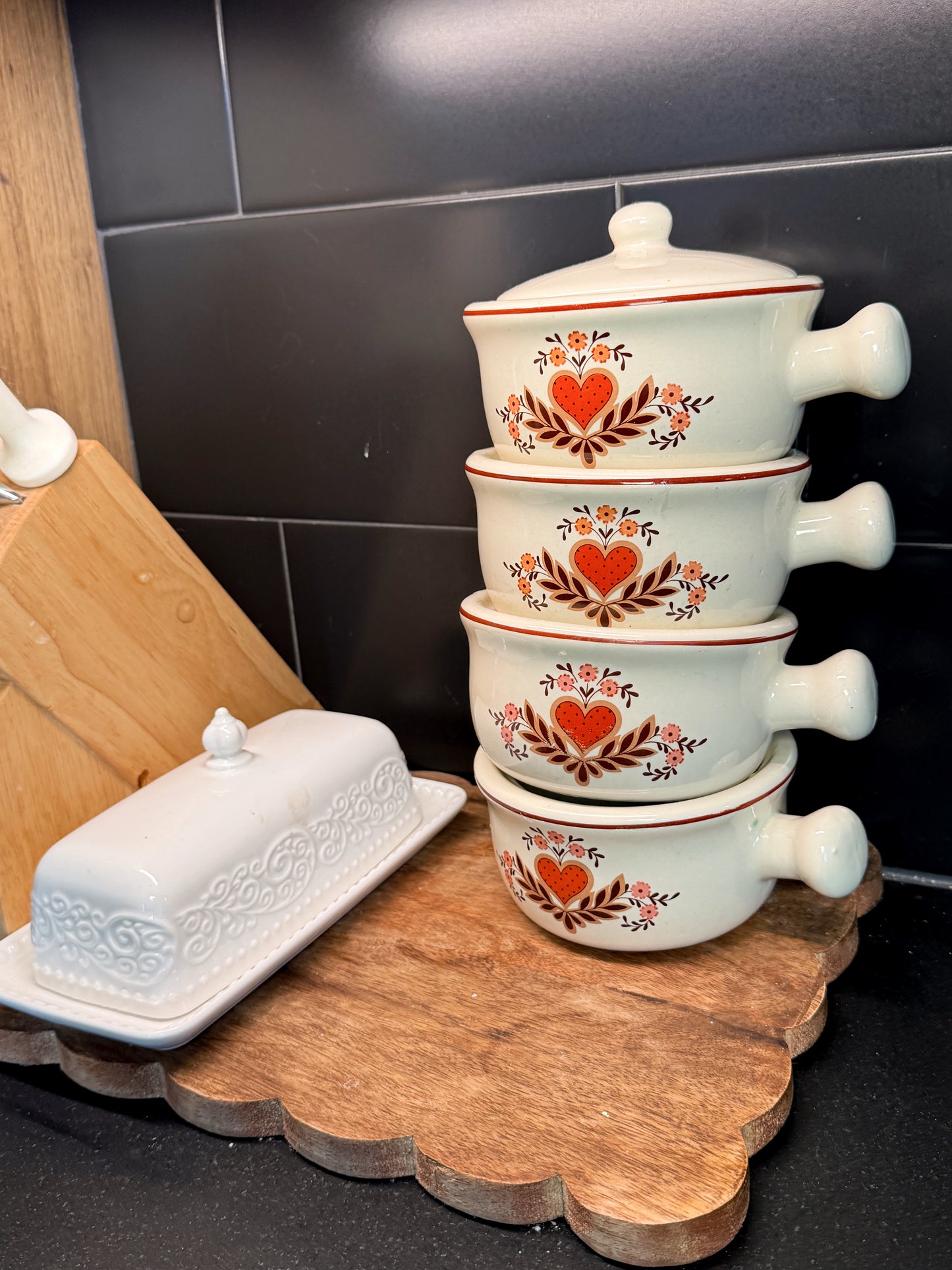 Vintage 1970s Heart Stoneware Soup Crock Set – Set of 4 with Lids