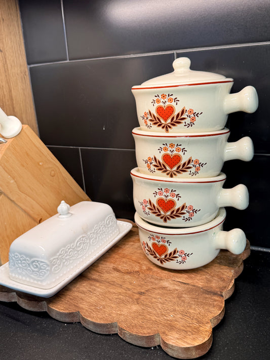 Vintage 1970s Heart Stoneware Soup Crock Set – Set of 4 with Lids