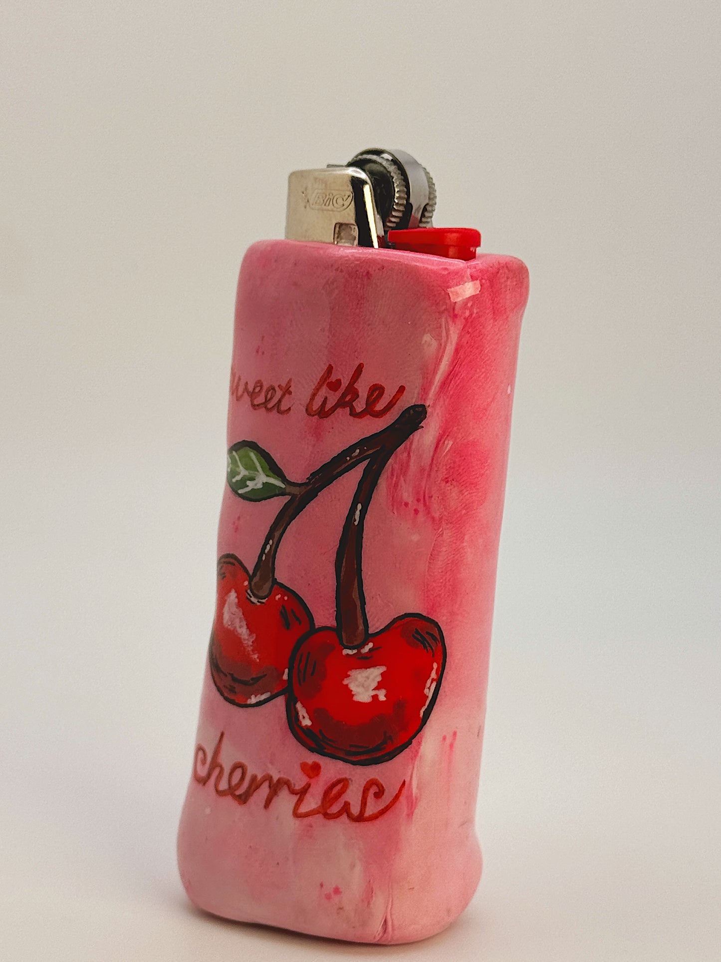 Sweet Like Cherries Lighter Case – Handmade Pink Cherry Polymer Clay Cover