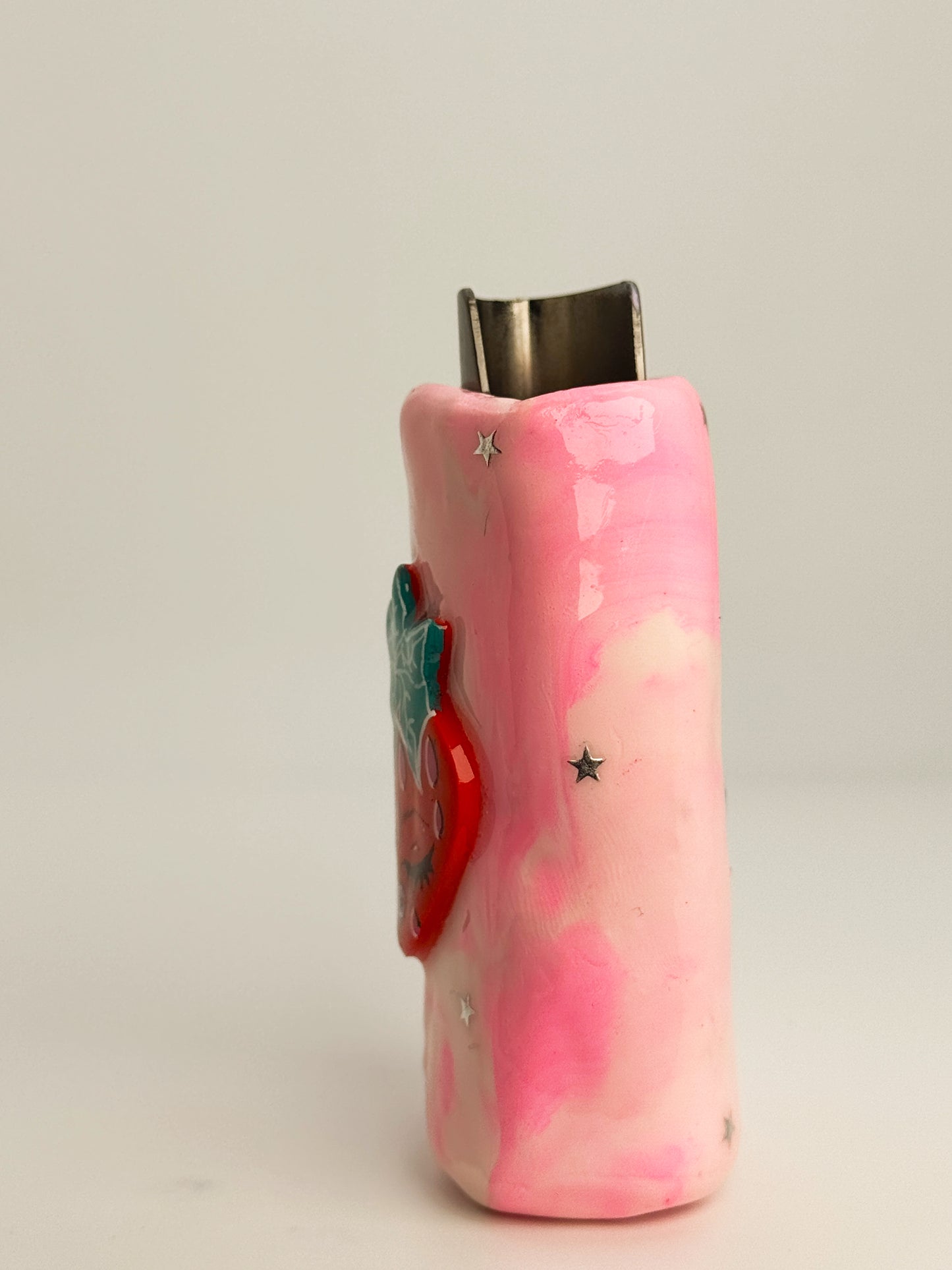 Sweet Strawberry Lighter Case w/ Charm | Fits Standard Bic | Handmade Polymer Clay Art