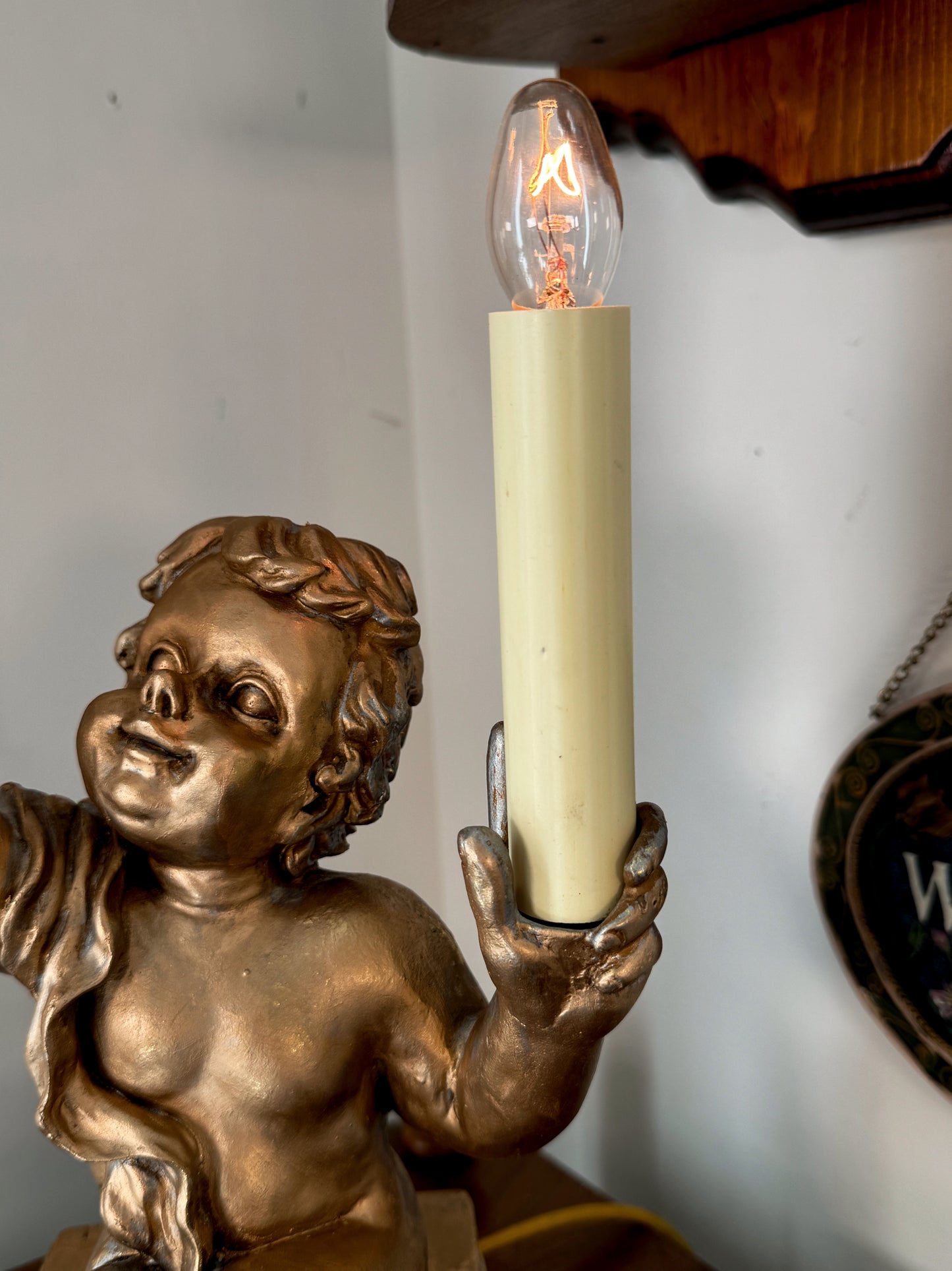 Vintage Cherub Double Candle Lamp Sitting on Books | Gold Angel Table Lamp