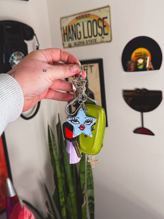 Sassy Star Keychain Hand-Painted Star Face Charm with Star Clasp