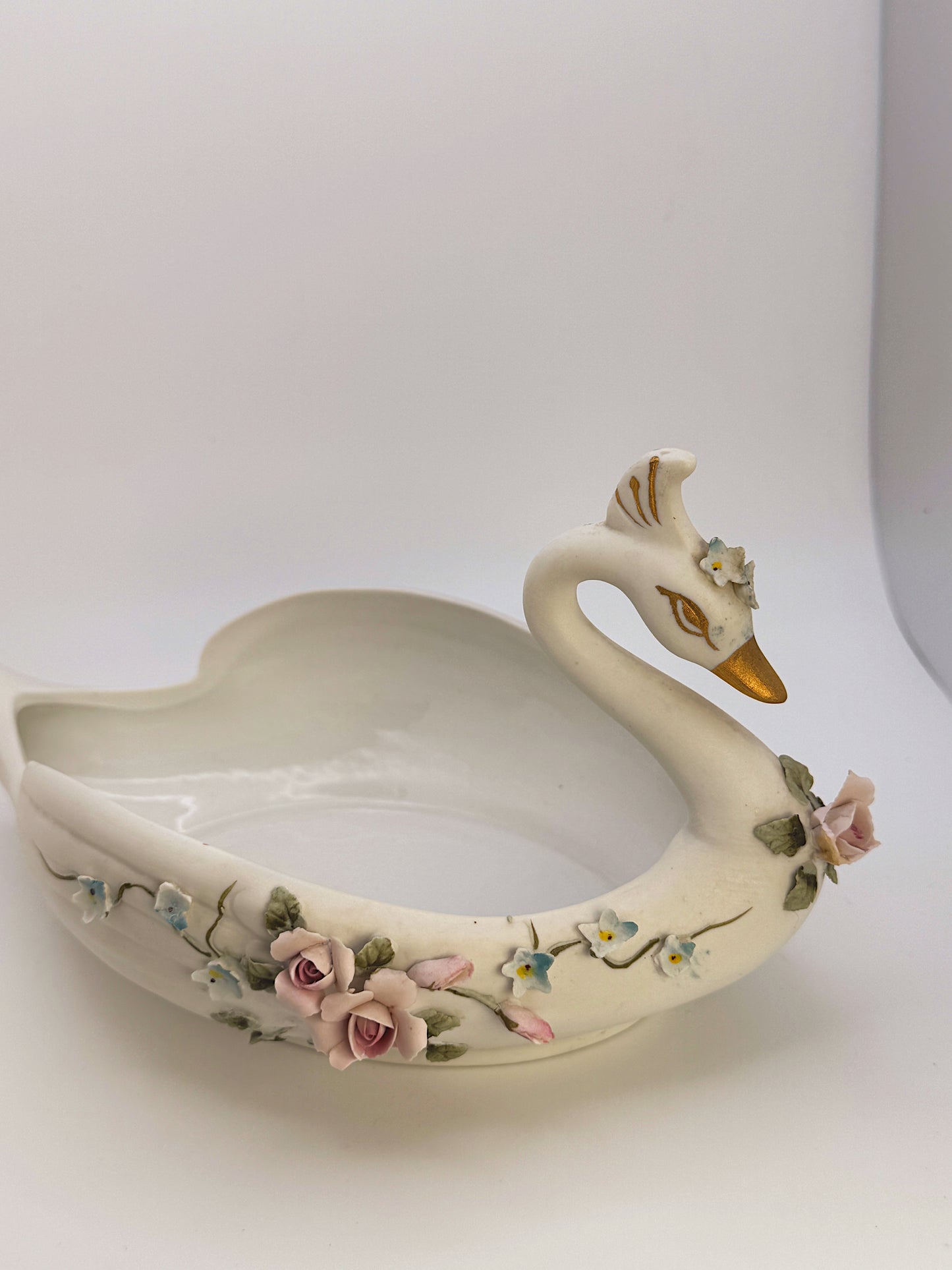 Vintage Hand-Painted Swan Jewelry Dish with Floral Details