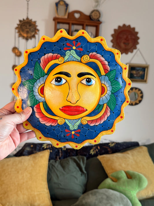 Vintage Talavera Style Sun Face Wall Hanging – 10” Hand Painted Boho Decor