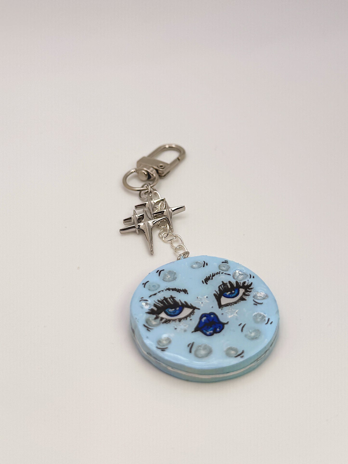 Blue Moon Face Keychain & Bag Charm – Hand-Painted Celestial Charm with Star Accent