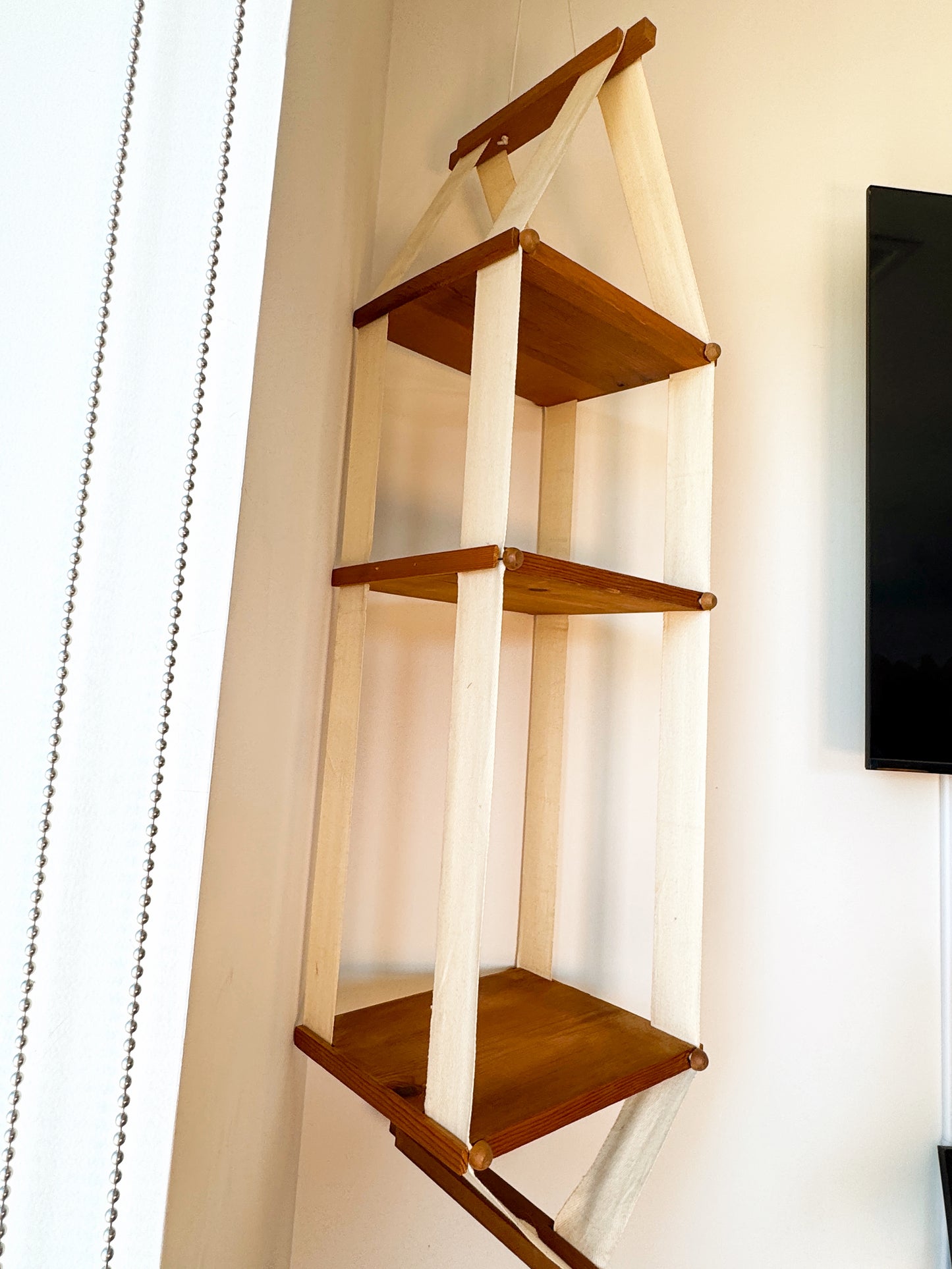 Vintage MCM Floating Canvas Hanging Shelf - Boho Hanging Plant Stand - 55" Tall