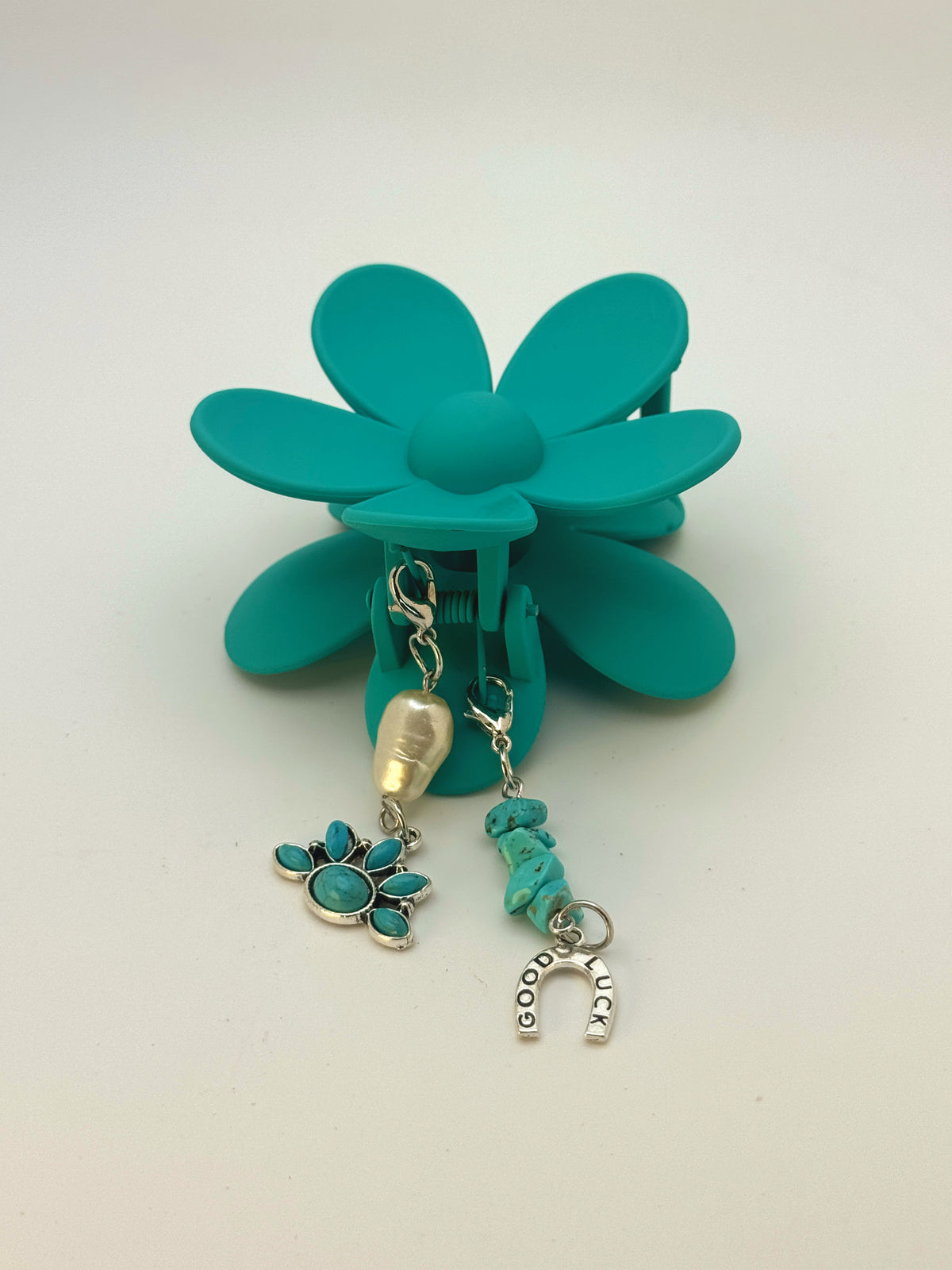 Turquoise Flower Medium Claw Clip with Handmade Beaded Charms | Removable Charm Clip | 3.1”