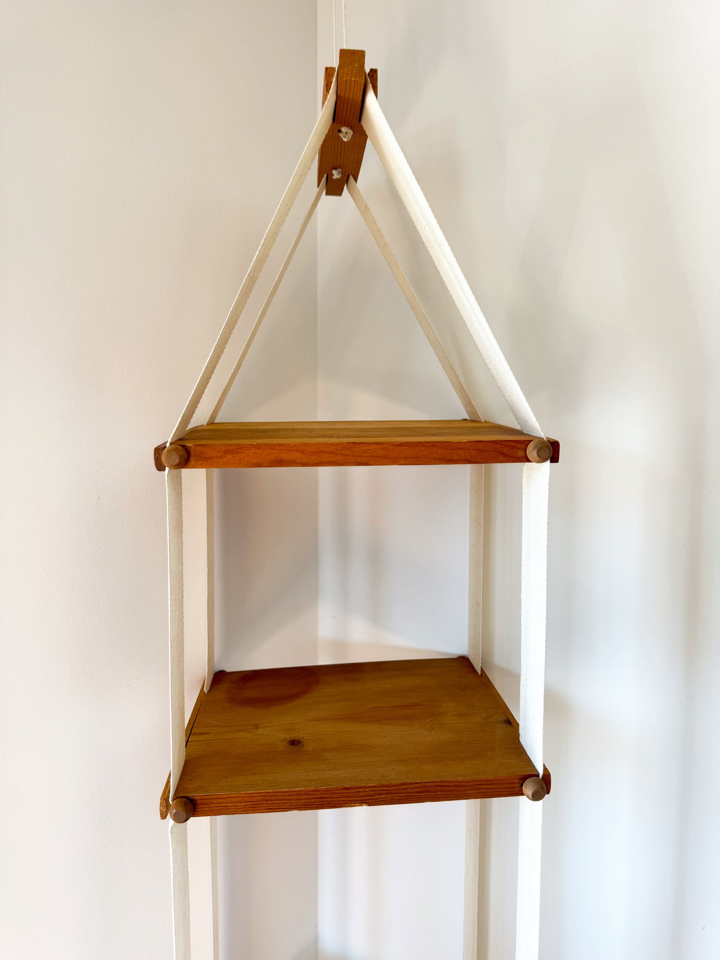 Vintage MCM Floating Canvas Hanging Shelf - Boho Hanging Plant Stand - 55" Tall
