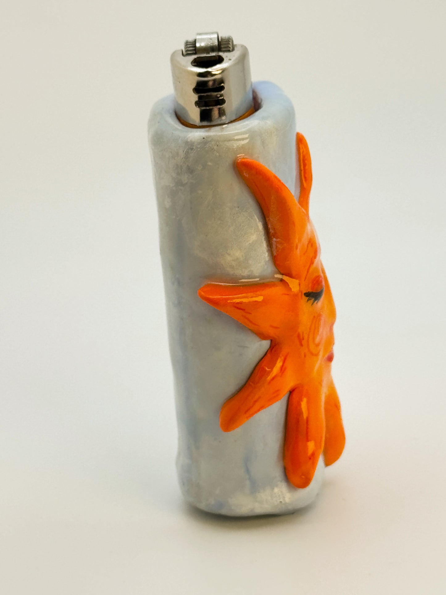 Handmade Sun Face Lighter Case – Polymer Clay Celestial Cover – Fits Standard Bic Lighter