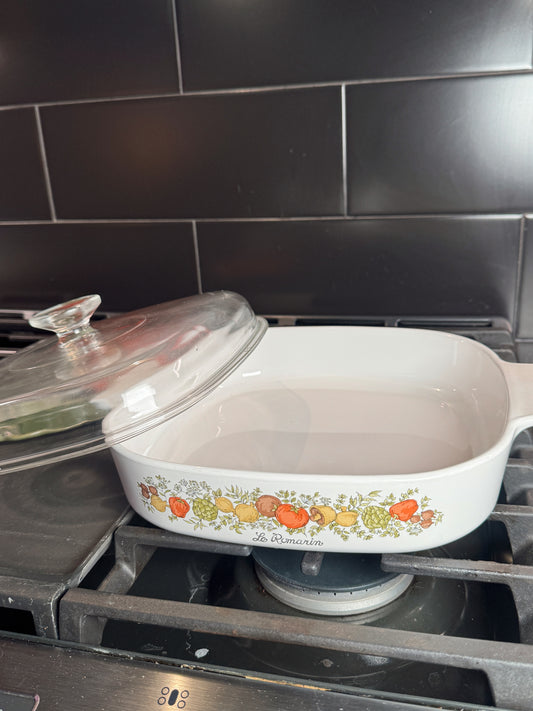 Vintage CorningWare “Le Romarin” 10x10 Casserole Dish with Glass Lid