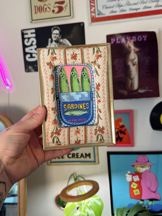 Handmade Sardines Art Print in Vintage-Style Brass Frame | Whimsical Kitchen Wall Art | 5.5” x 7.5”