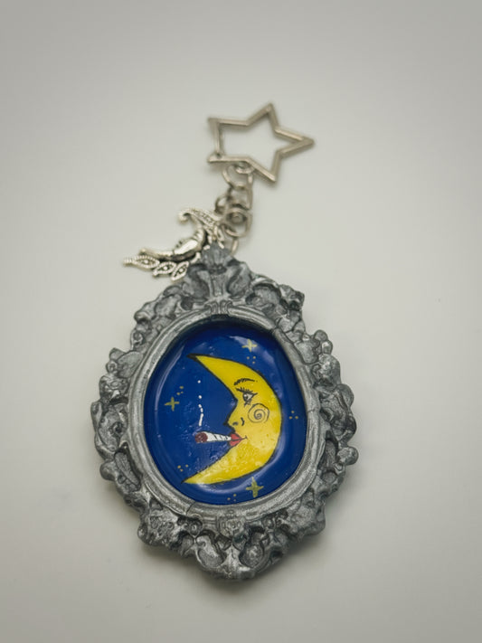 Vintage Frame Smoking Moon Keychain – Handmade Polymer Clay Bag Charm