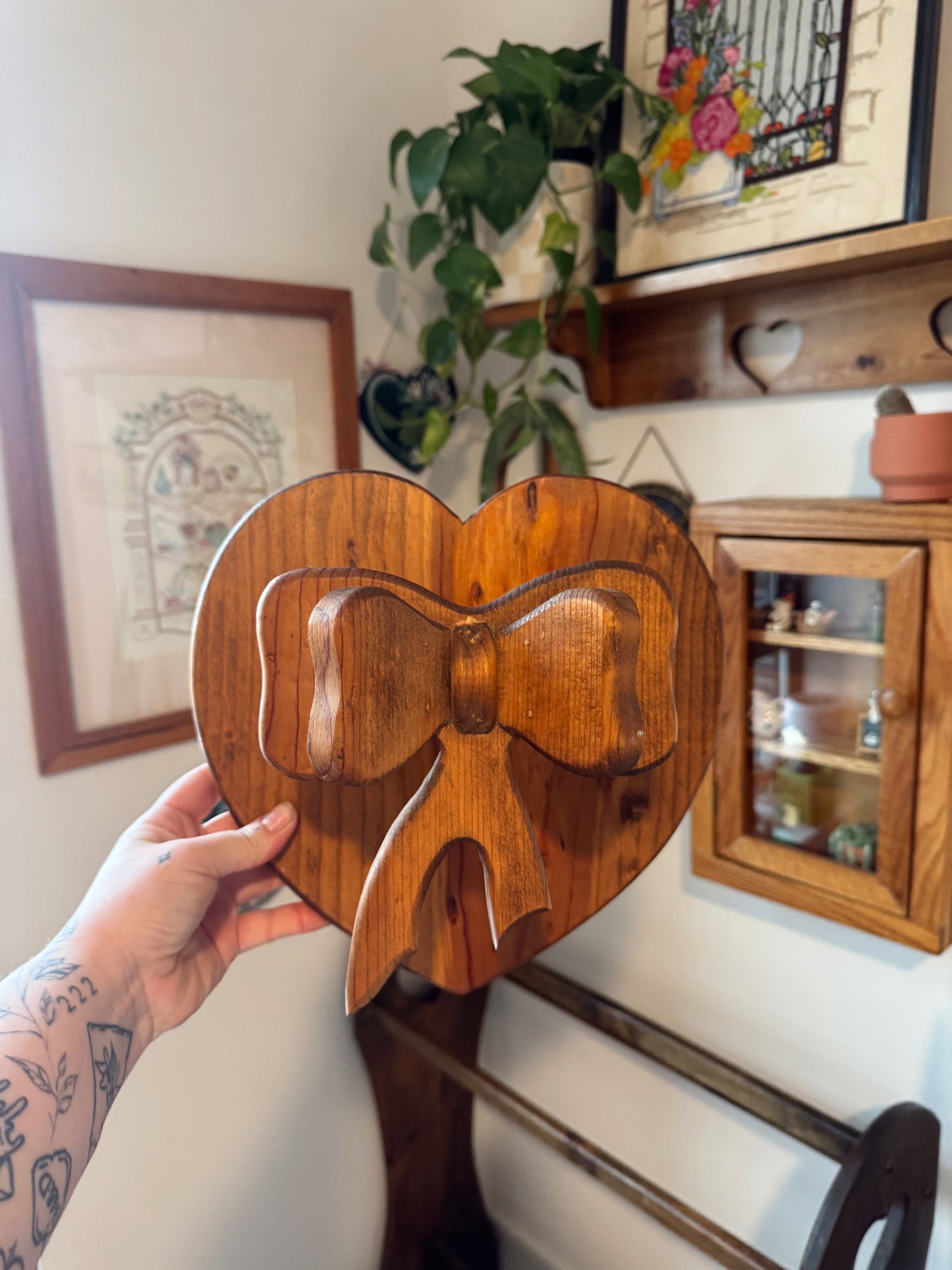 Vintage Wooden Heart Wall Shelf with Bow Detail