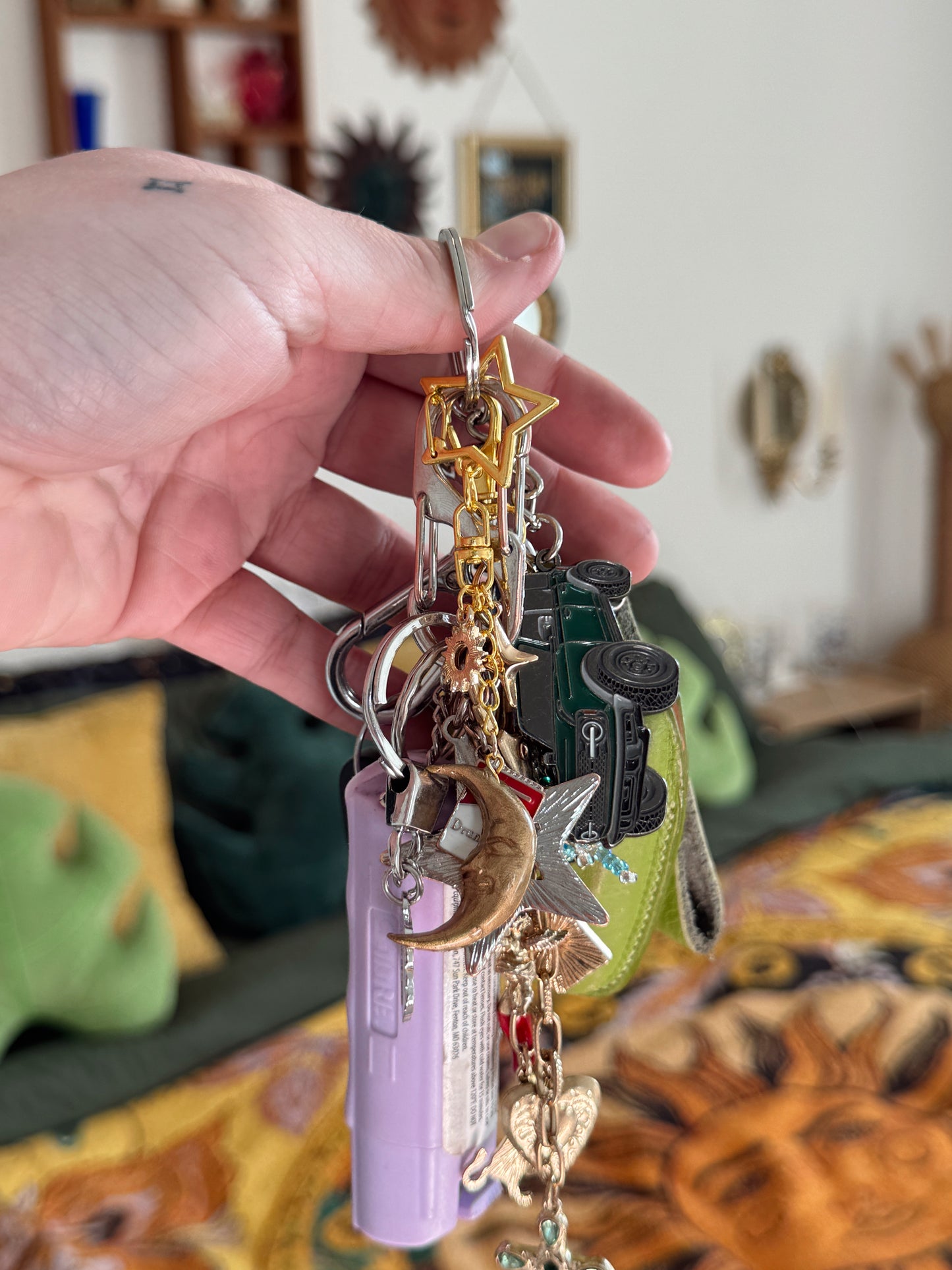 Celestial Crescent Moon Bag Charm – Gold Sun & Star Keychain – Handmade Polymer Clay Statement Charm