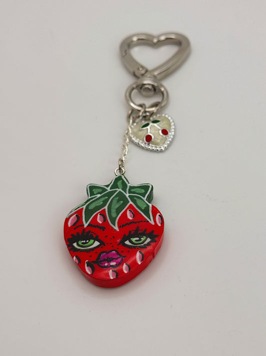 Mini Strawberry Bag Charm – Silver Heart Clip with Cherry Accent
