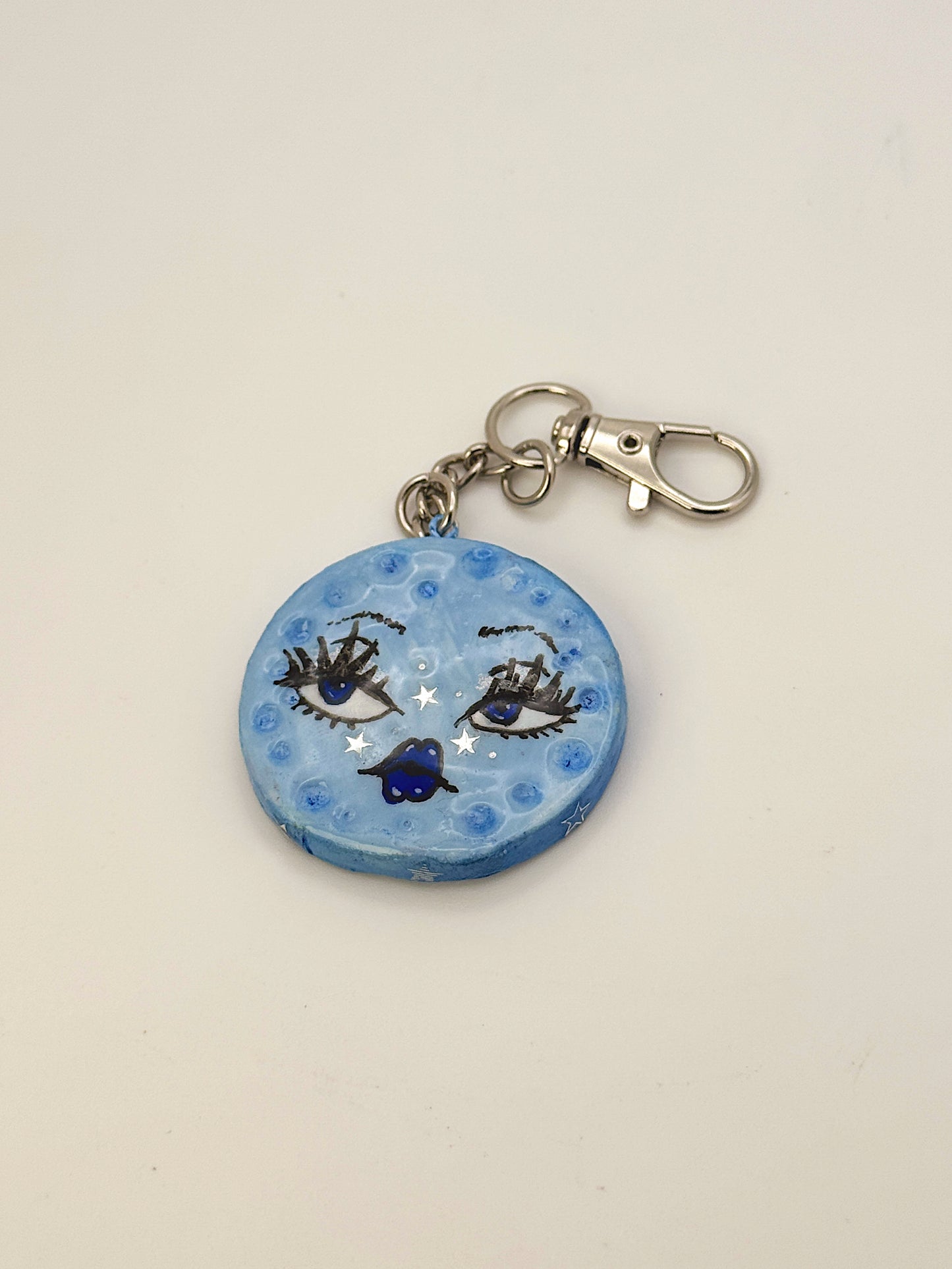 Baby Blue Mini Moon Babe Keychain – Hand-Sculpted Polymer Clay (1.5–2”)