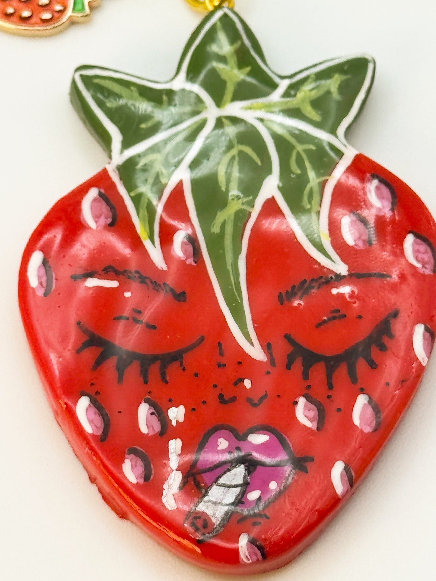 Smoking Strawberry Keychain – Handmade Polymer Clay Bag Charm