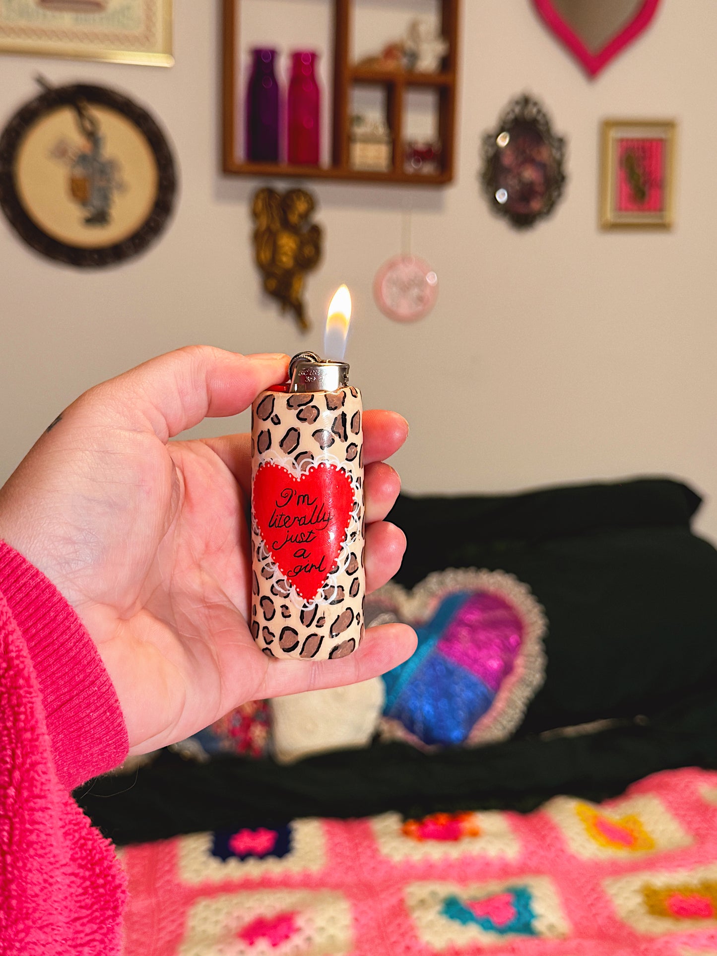 I’m Literally Just a Girl Lighter Case – Handmade Leopard Print Polymer Clay Cover