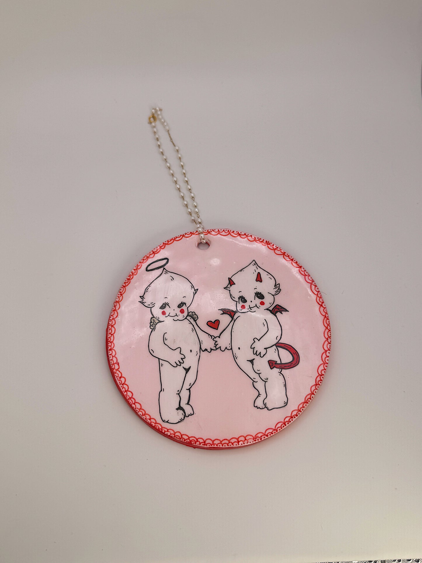 Angel & Devil Wall Hanging – Kewpie Inspired Handmade Pink Heart Décor with Pearl Hanger
