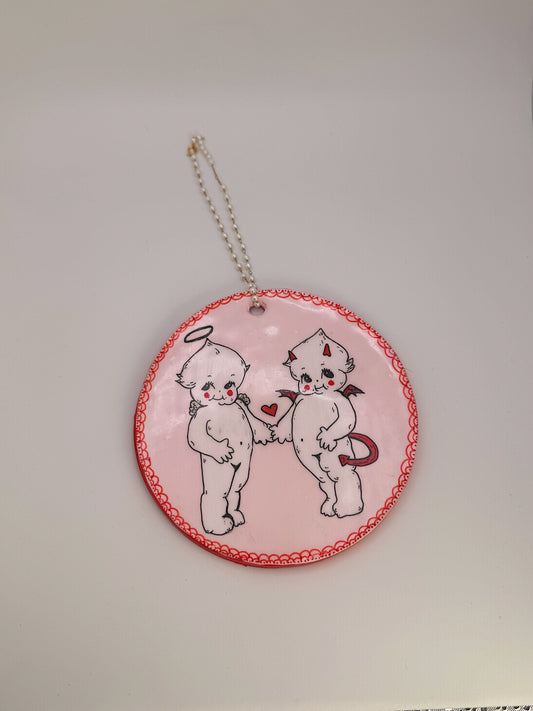 Angel & Devil Wall Hanging – Kewpie Inspired Handmade Pink Heart Décor with Pearl Hanger