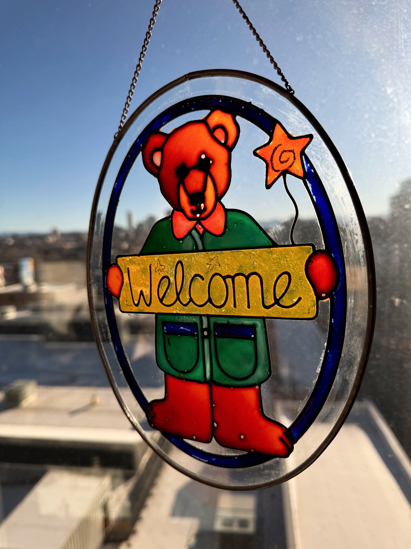 Vintage Stained Glass Teddy Bear “Welcome” Window Hanging | Suncatcher