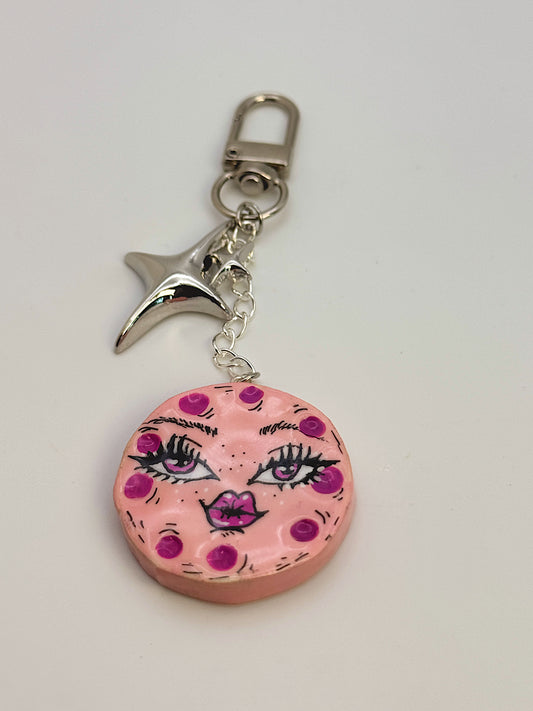 Mini Moon Face Bag Charm – Hand-Painted Celestial Keychain with Silver Hardware