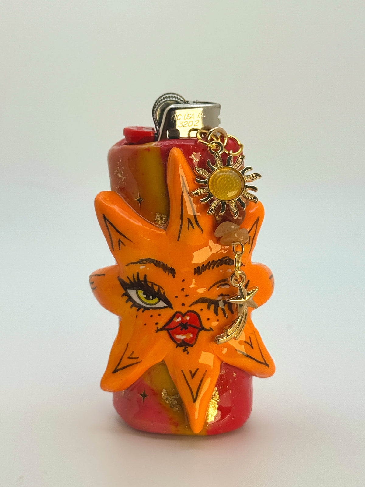 Whimsical Sun Case with charm| Fits Standard Bic | Handmade Polymer Clay Art