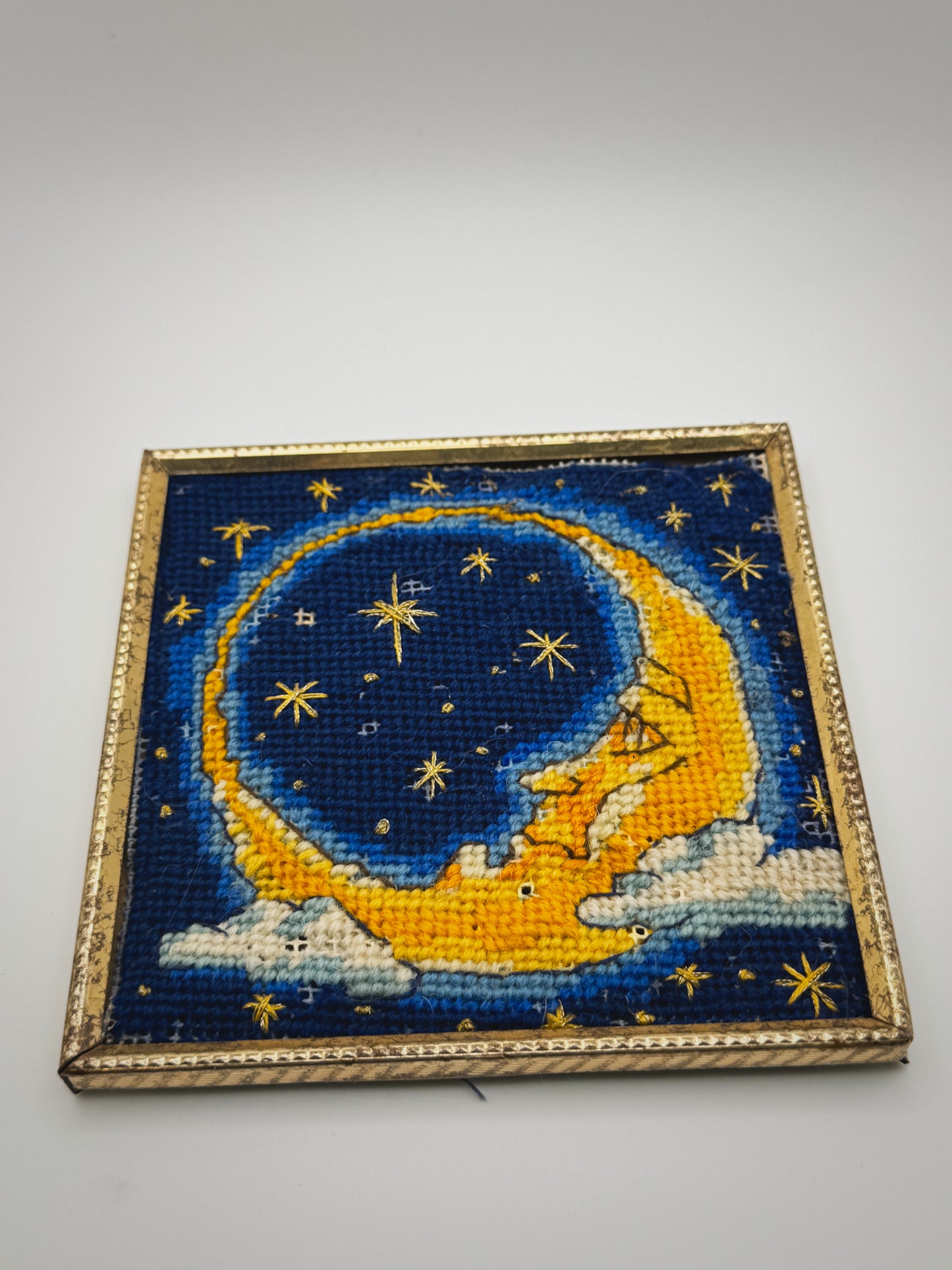 Vintage Celestial Moon Needlepoint – 5.5” Framed Whimsigoth Wall Art