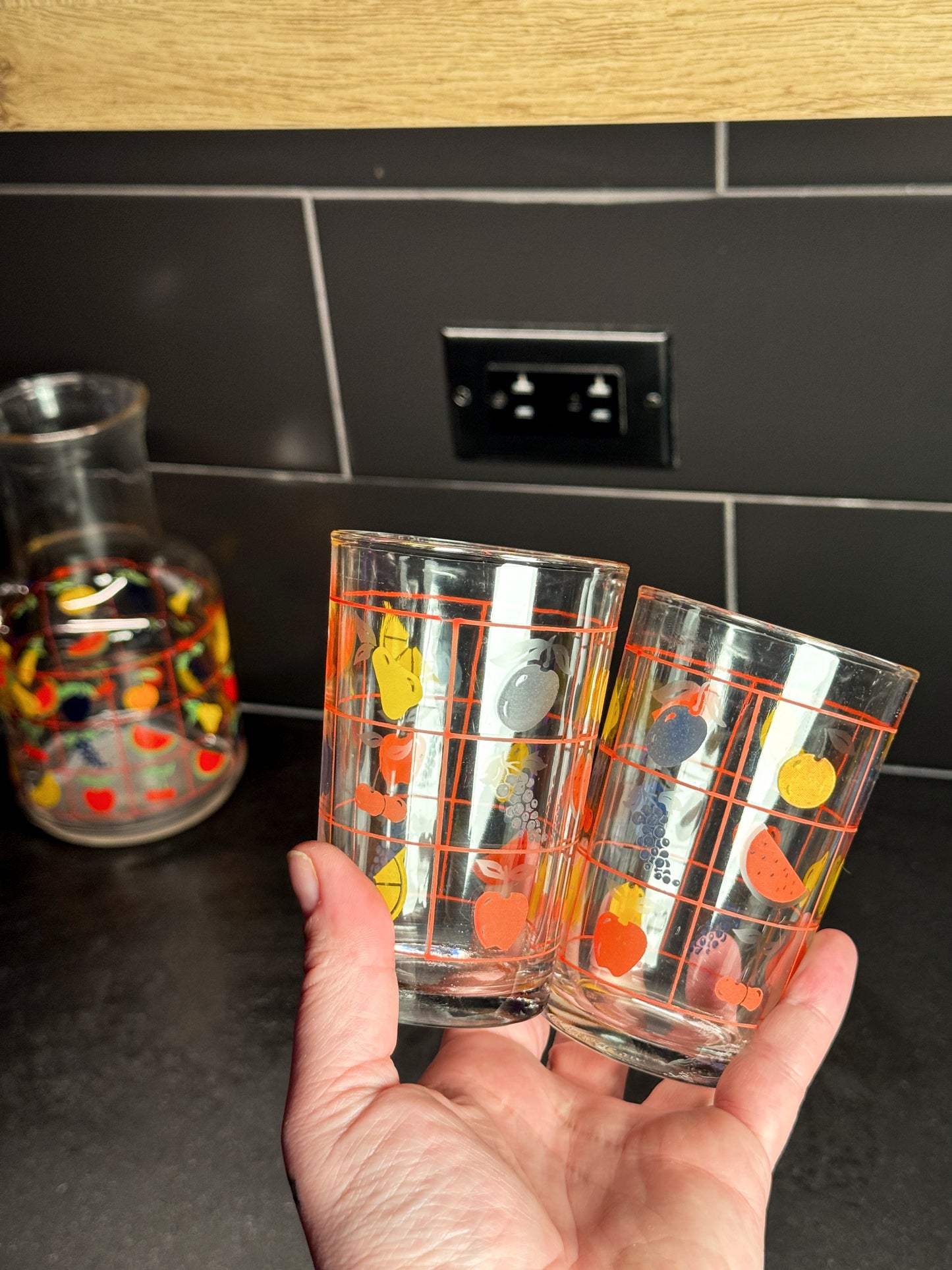 Vintage Fruit Glass Pitcher & Juice Glass Set – Retro Kitchen (3 Pieces)