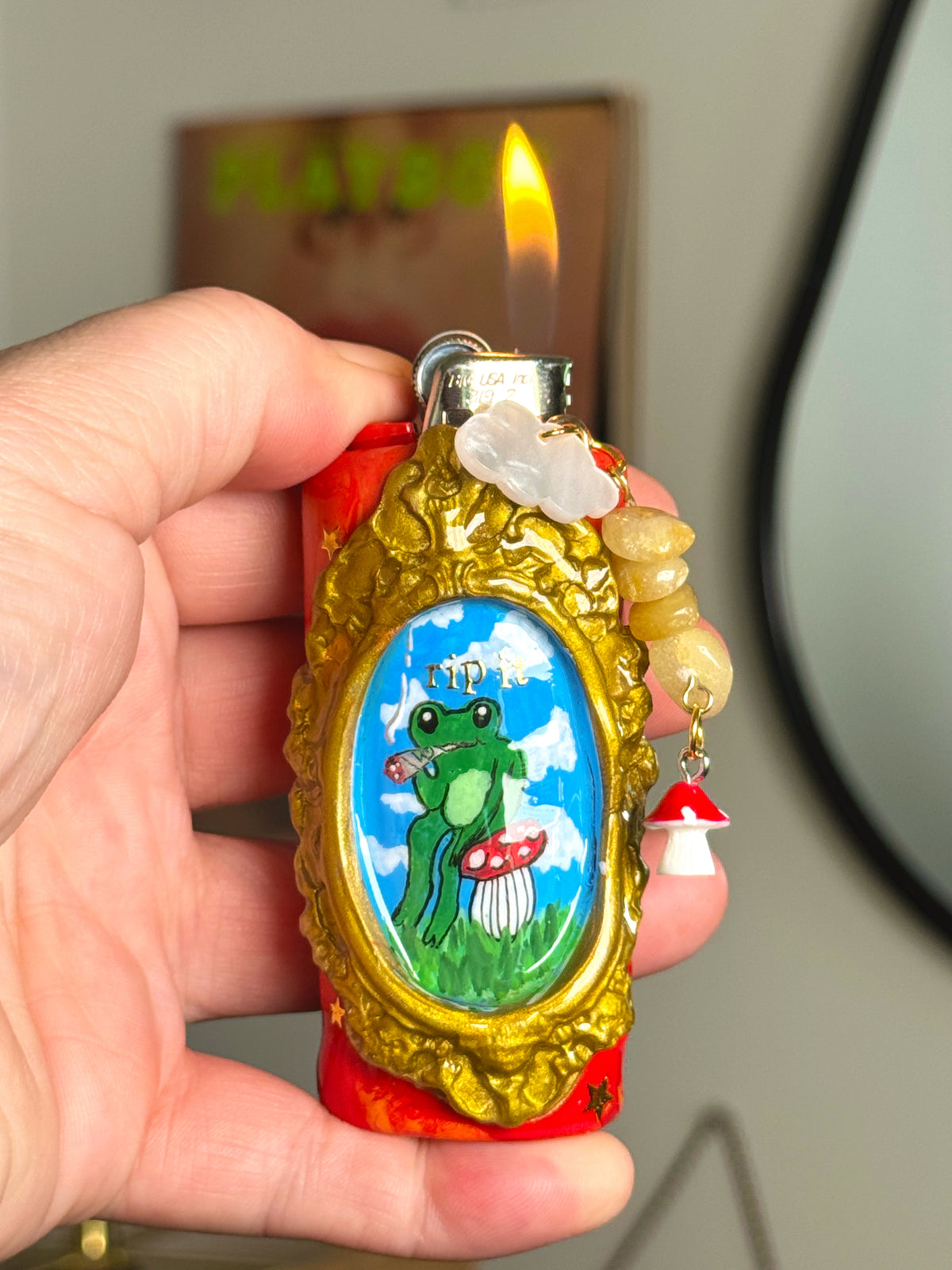Rip It Frog Lighter Case with charm| Fits Standard Bic | Handmade Polymer Clay Art