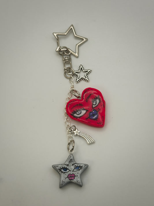 Sassy Star & Heart Bag Charm | Handmade Polymer Clay Key Chain