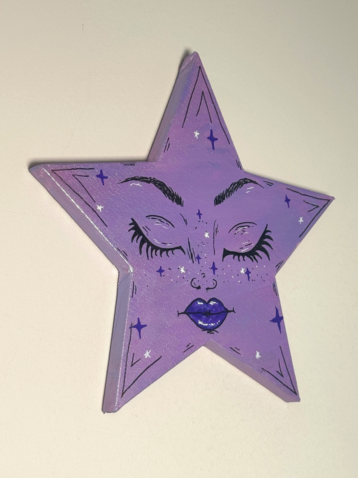 Holographic Lavender Celestial Star Wall Art – Hand-Painted Star Face Decor— Original 10” Canvas Art