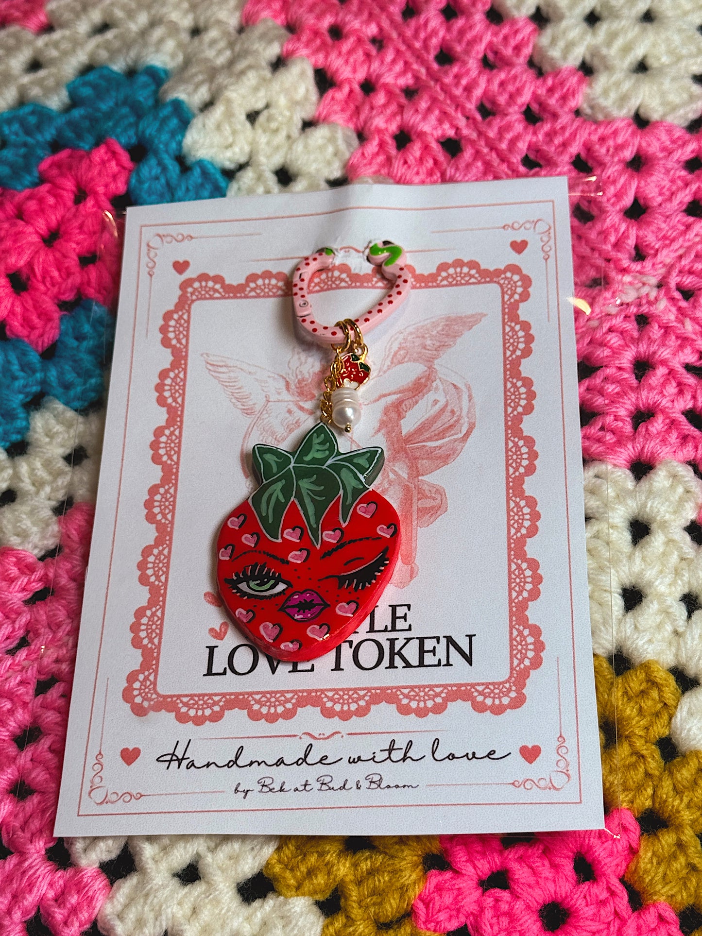 Winking Strawberry Bag Charm – Handmade Strawberry Keychain with Heart Clip