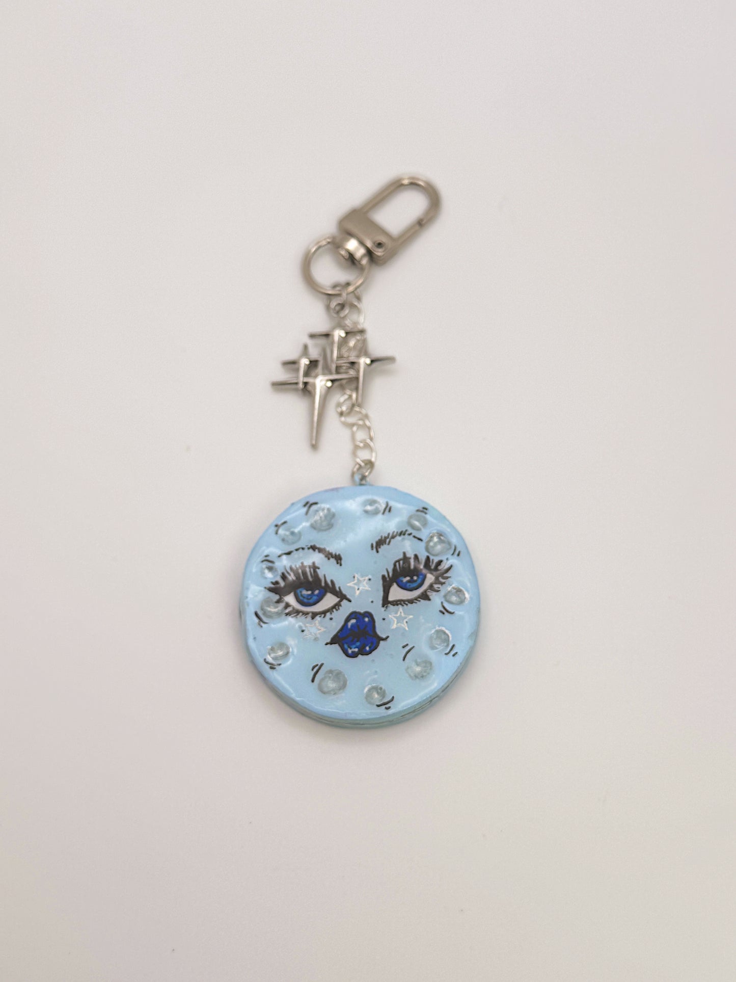 Blue Moon Face Keychain & Bag Charm – Hand-Painted Celestial Charm with Star Accent
