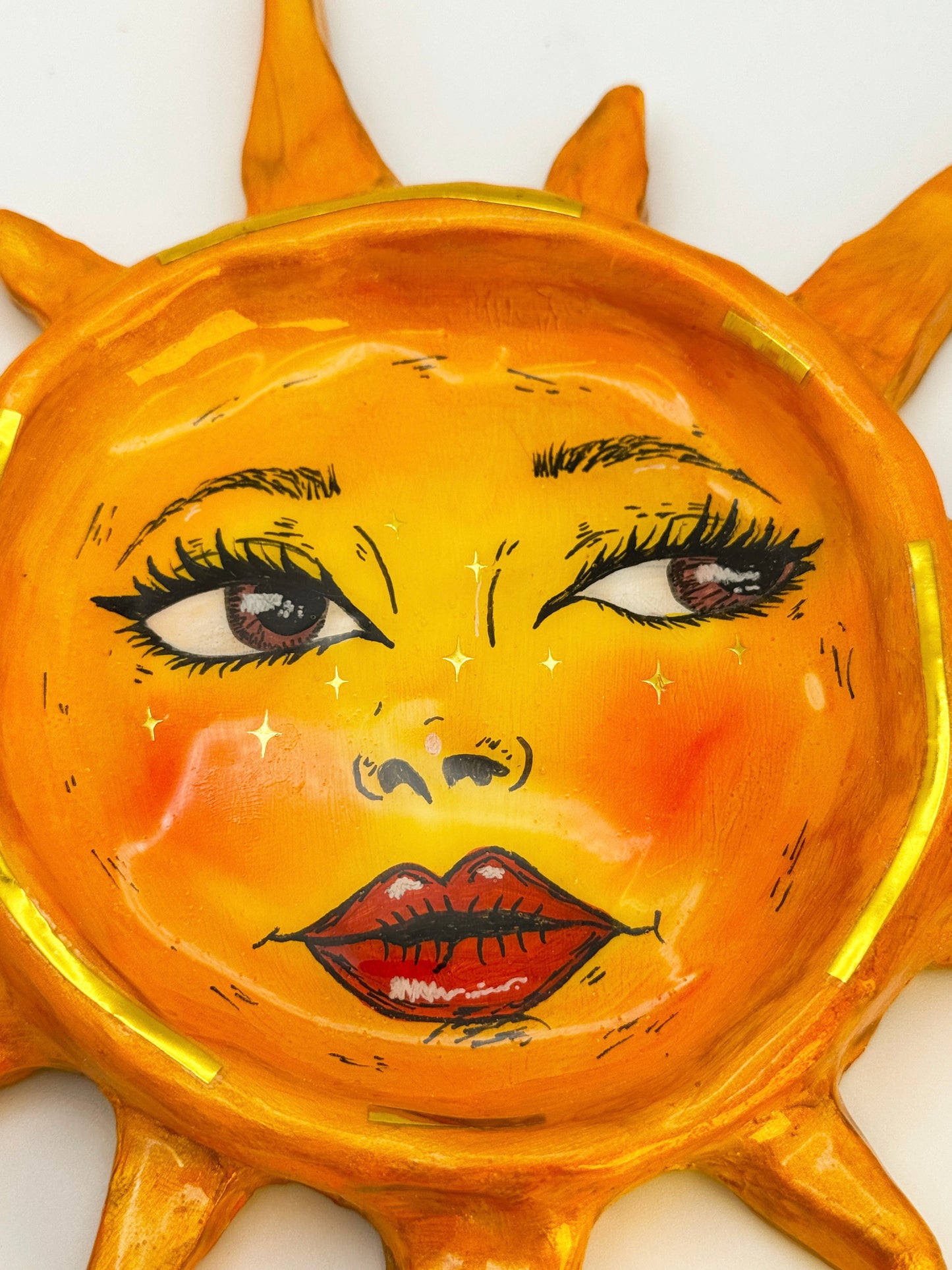 Handmade Sun Face Trinket Dish – 8” Polymer Clay Celestial Sun Tray – Hand Painted Statement Dish