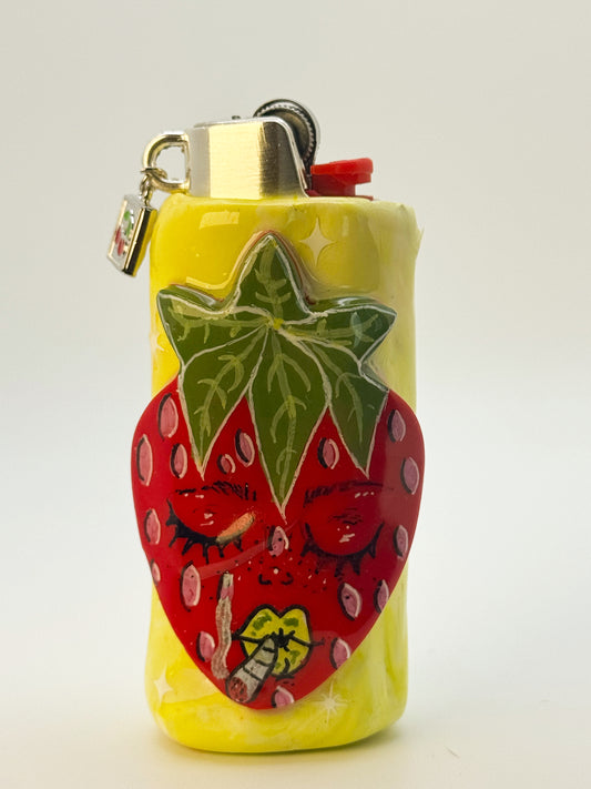 Smoking Strawberry Lighter Case w/ charm | Fits Standard Bic | Handmade Polymer Clay Art