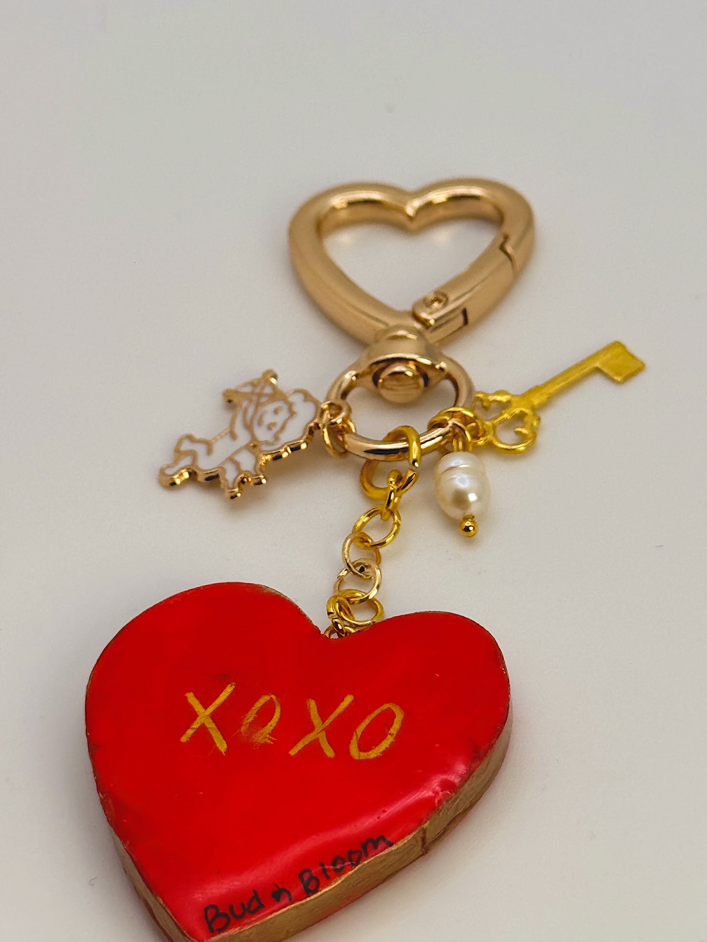 Cherub Heart Bag Charm – Handmade Cupid Keychain with Gold Heart Clip