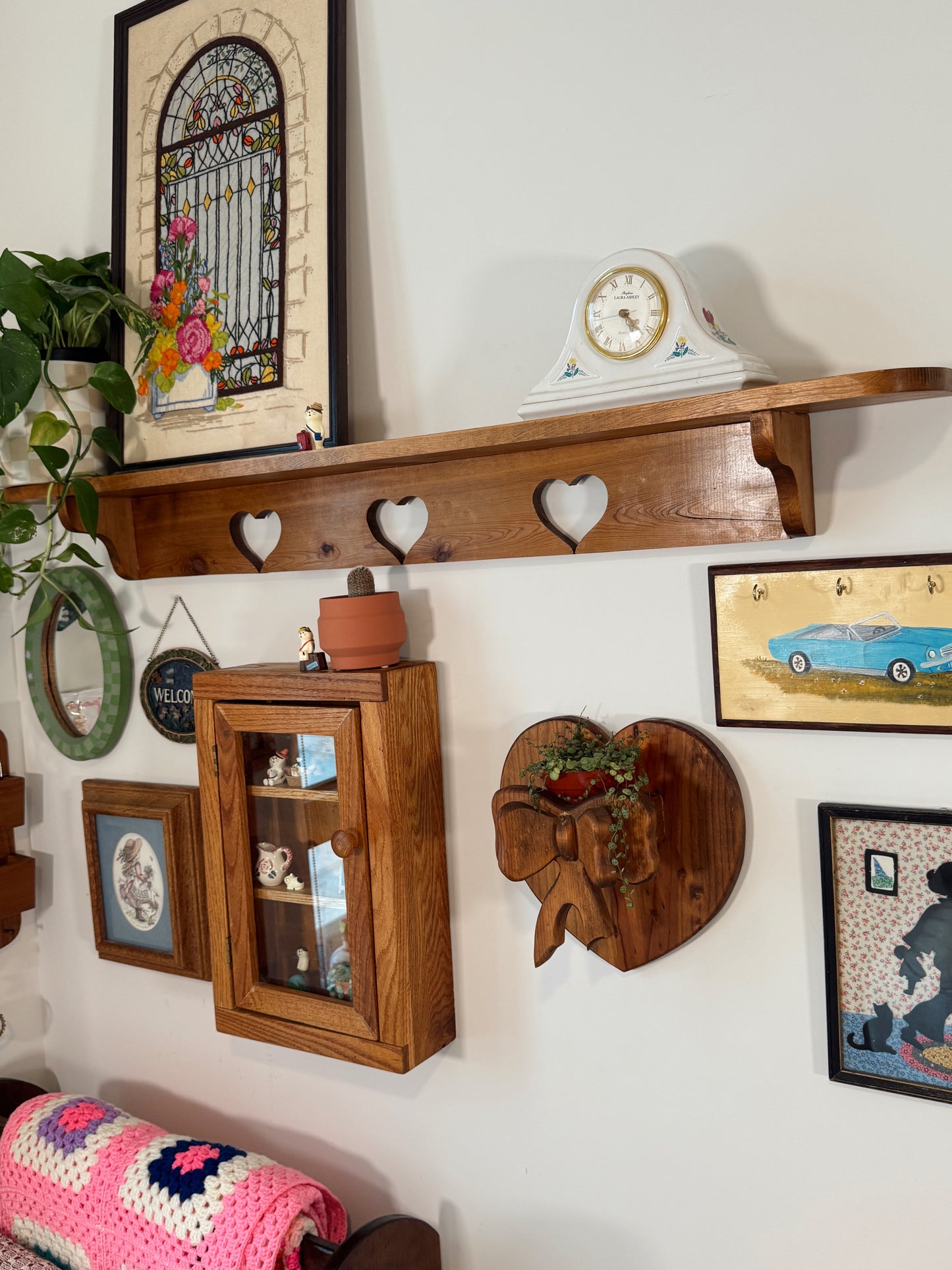 Vintage Wooden Heart Wall Shelf with Bow Detail