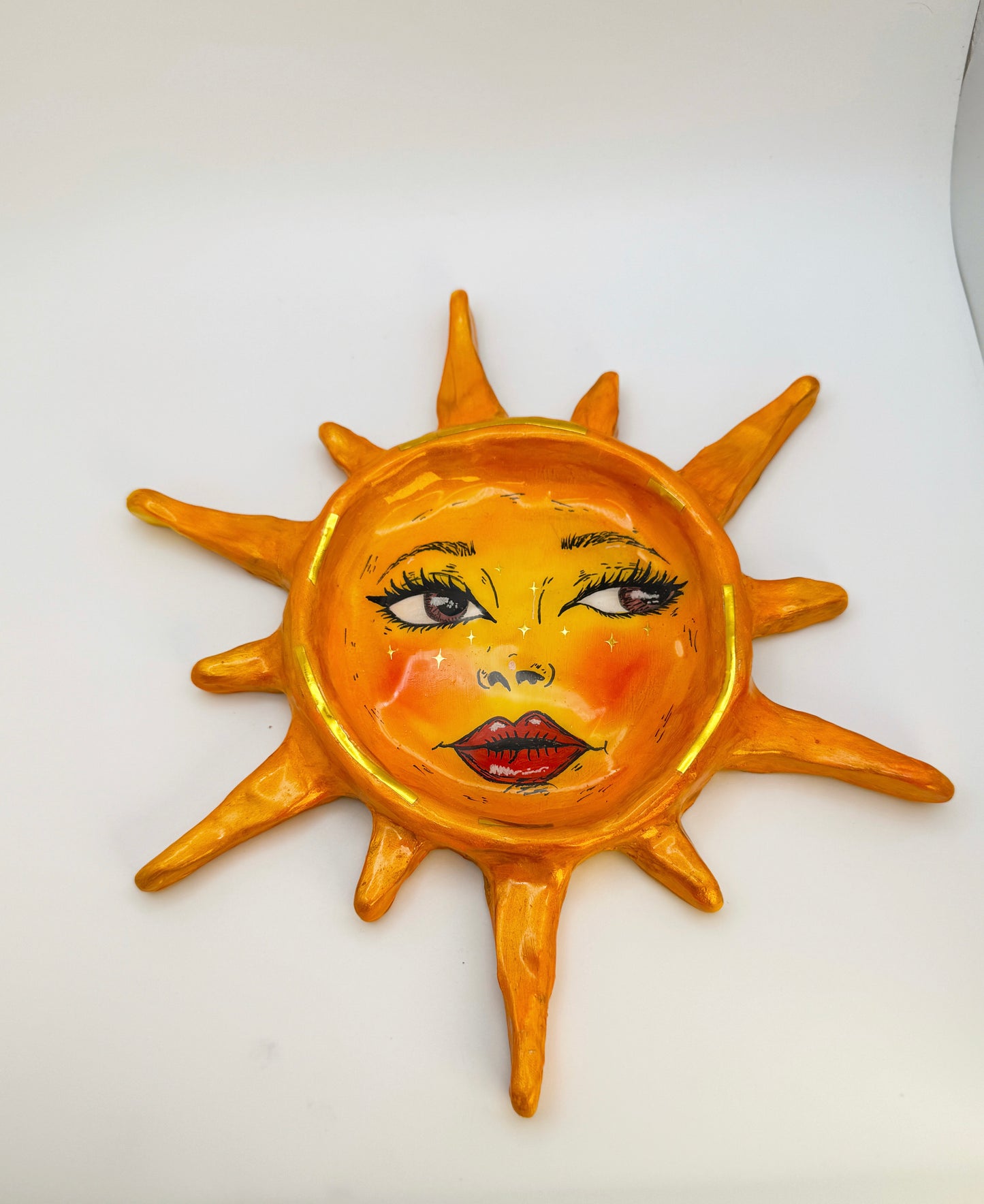 Handmade Sun Face Trinket Dish – 8” Polymer Clay Celestial Sun Tray – Hand Painted Statement Dish