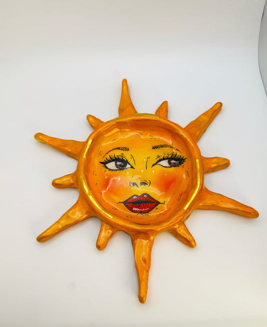 Handmade Sun Face Trinket Dish – 8” Polymer Clay Celestial Sun Tray – Hand Painted Statement Dish
