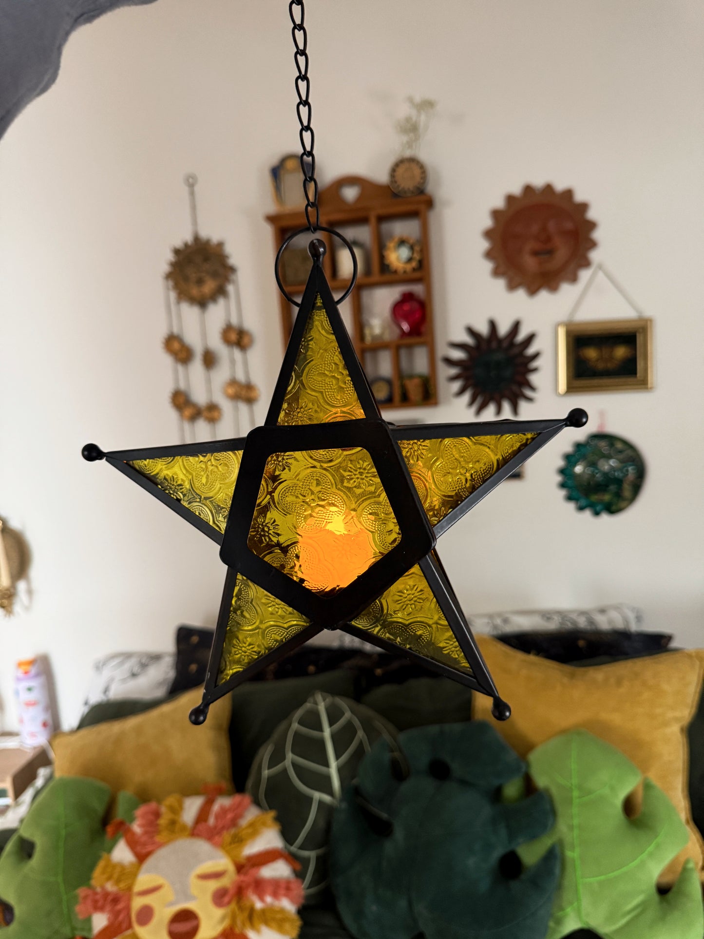 Set of 2 Moravian Star Hanging Candle Lanterns – Amber & Yellow Glass