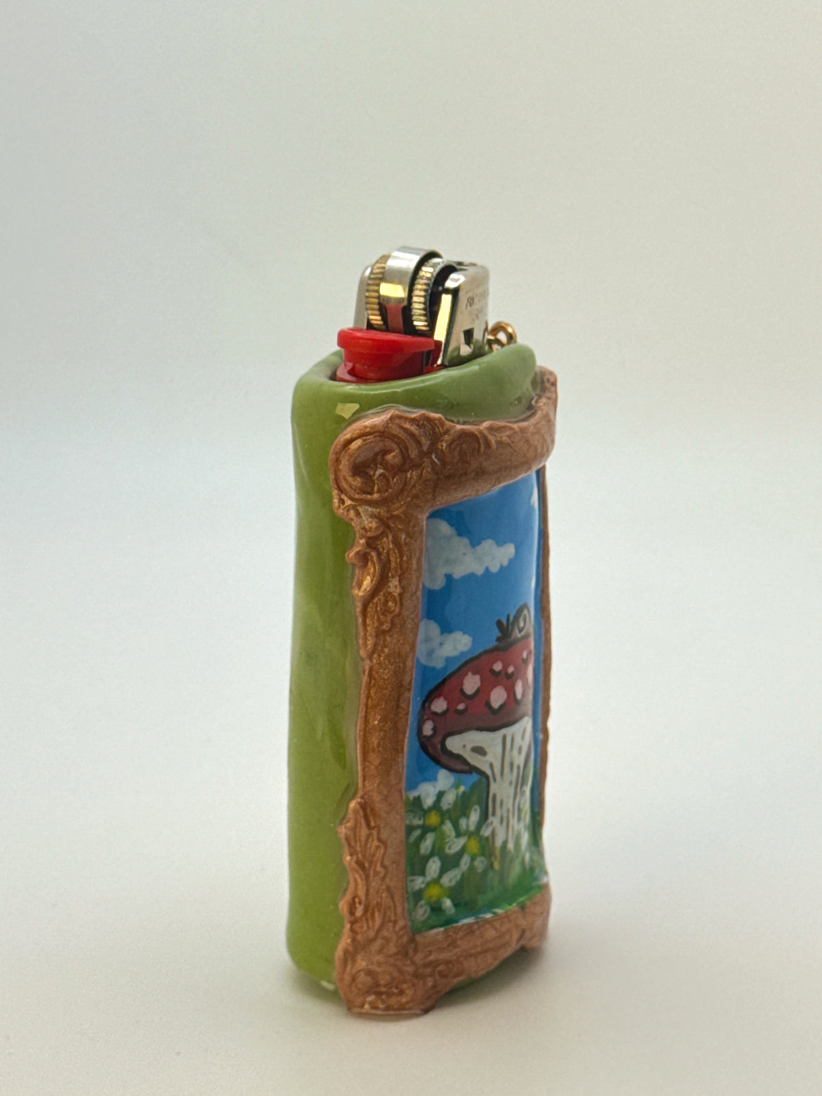 Vintage Frame Snail On A Mushroom Case with charm| Fits Standard Bic | Handmade Polymer Clay Art