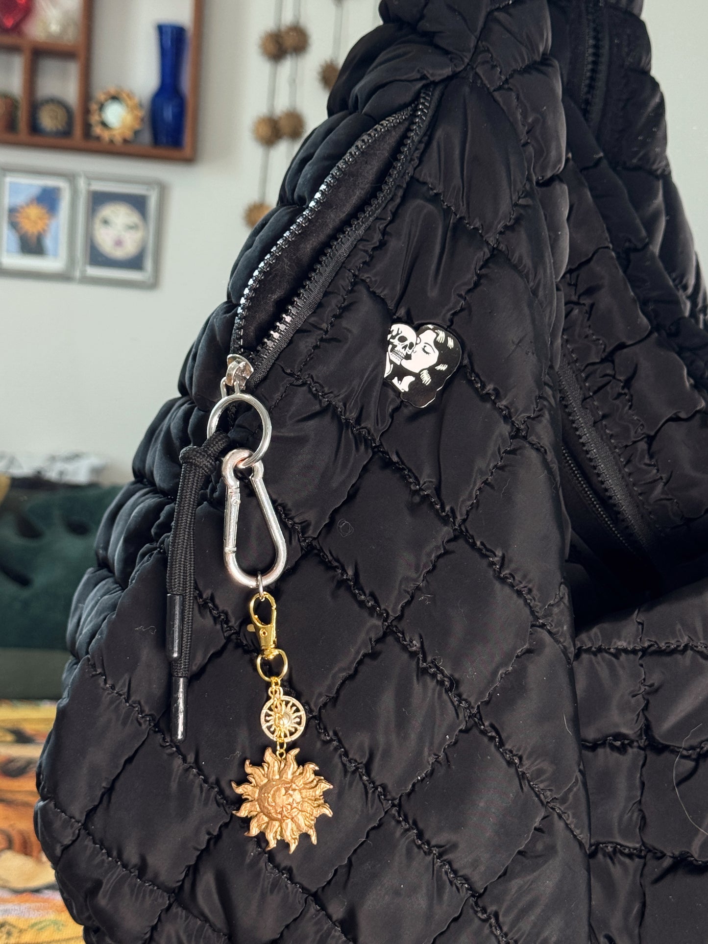 Celestial Sun Bag Charm – Gold Sun & Moon Keychain – Vintage-Inspired Whimsigoth Charm